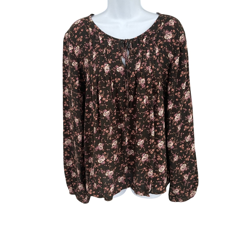 Lucky Brand Blouse Sz L Black Floral Boho Peasant Tie Neck Top Cottagecore Airy